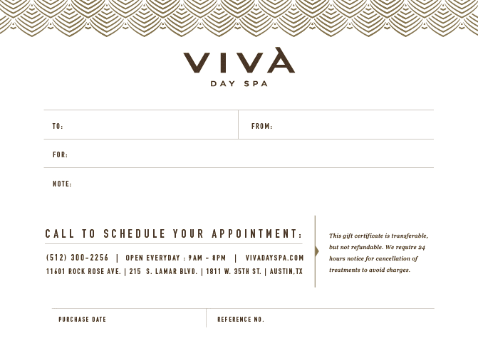 Image of a Viva Day Spa instant gift certificate design that can be sent via email or printed out.