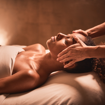 Woman relaxes into a facial massage as the therapist smooths the muscles above the brow