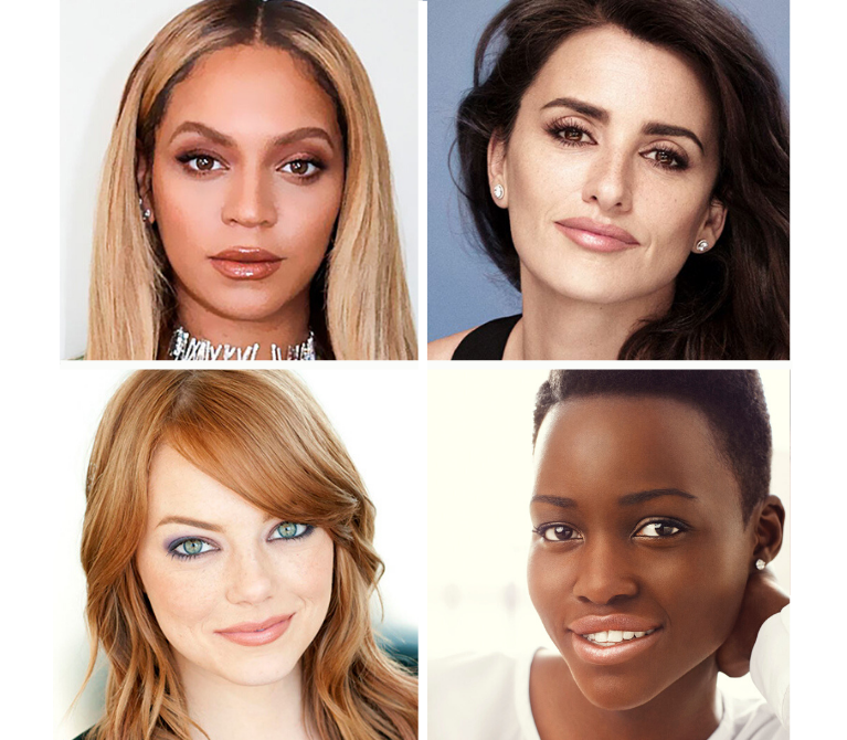 Headshots of Emma Stone, Penelope Cruz, Beyonce, Lucy Liu, and Lupita Nyong'o for Which Fitzpatrick Skin Care Type Are You? article
