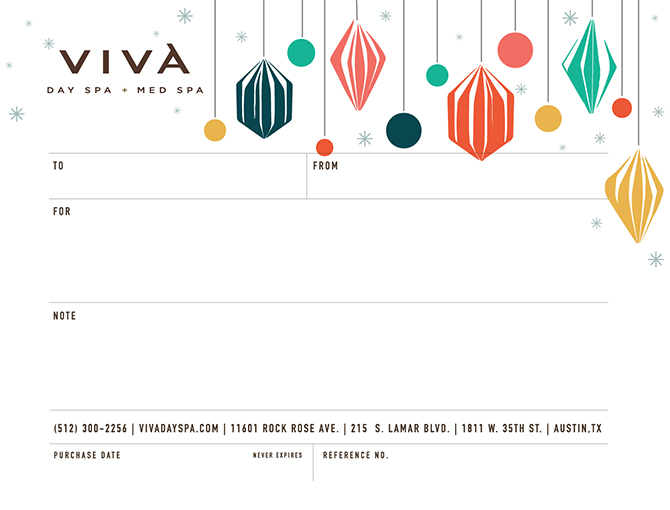 Holiday Digital Gift Card image of a blank Viva Day Spa Digital Gift Certificate