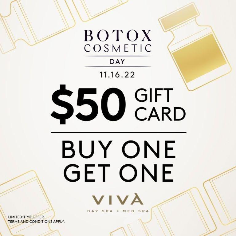 Alle Botox Cosmetic Day promo for Viva Day Spa + Med Spa in Austin for "Buy One, Get One $50 Botox Card offer" on November 16, 2022.