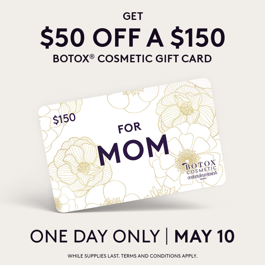 Alle Mother's Day special on May 10, 2023 that reads "Get $50 Off A $150 Botox Gift Card." Use at Viva Day Spa +Med Spa in Austin, Texas.