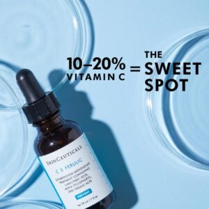 Bottle of SkinCeuticals CE Ferulic, the best selling Vitamin C serum in the United States. Copy reads "10-20% Vitamein C = The Sweet Spot"