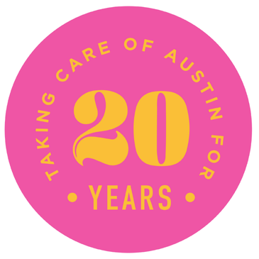 Round pink promotional logo for Viva Day Spa + Med Spa's 20th Anniversary specials