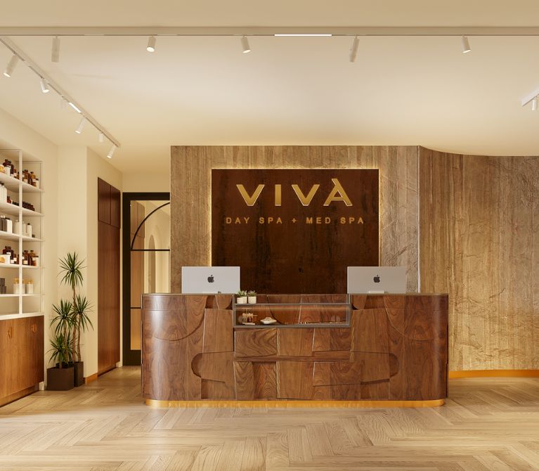 Interior lobby the new, luxury flagship Viva Day Spa + Med Spa in Dallas, TX located at The Plaza at Preston Center.